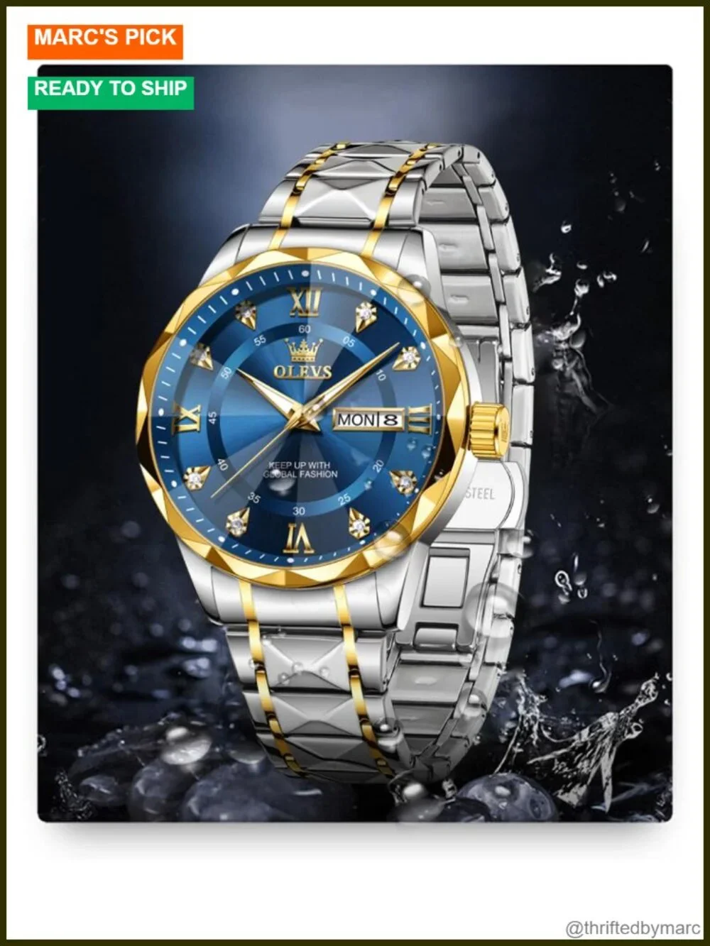 Men's Luxury Diamond Casual Large Dial Watch Stainless Steel Waterproof